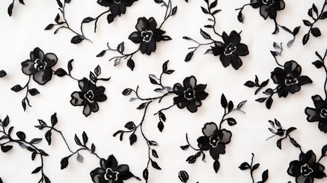 Elegant black lace fabric with floral patterns on a white background ideal for fashion design and textile projects showcasing intricate details.