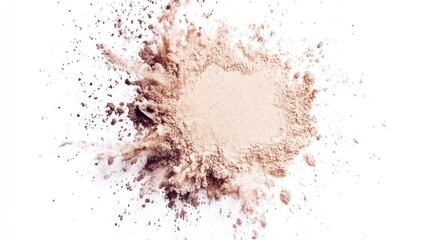 Beige cosmetic powder scattered on a white background showcasing texture and richness for beauty and skincare advertising. - obrazy, fototapety, plakaty