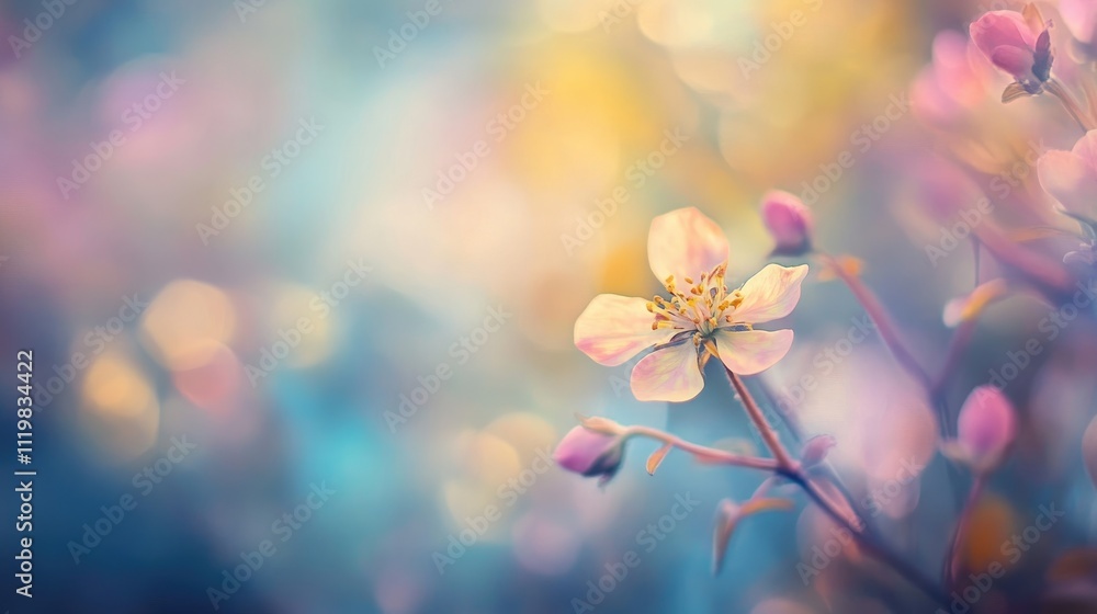 Poster delicate flower with bokeh background in soft pastel hues creating an ethereal and dreamy atmosphere