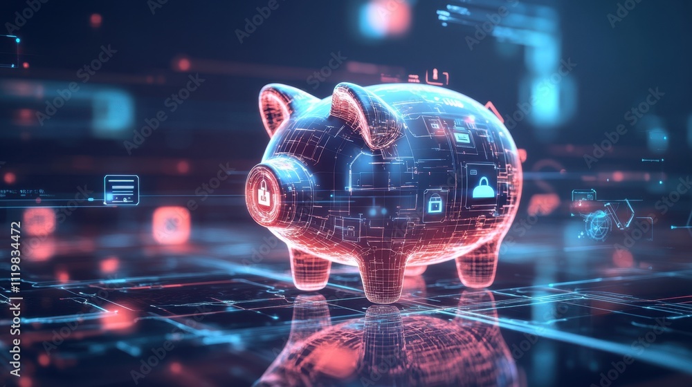 Poster digital piggy bank with secure financial data visualization