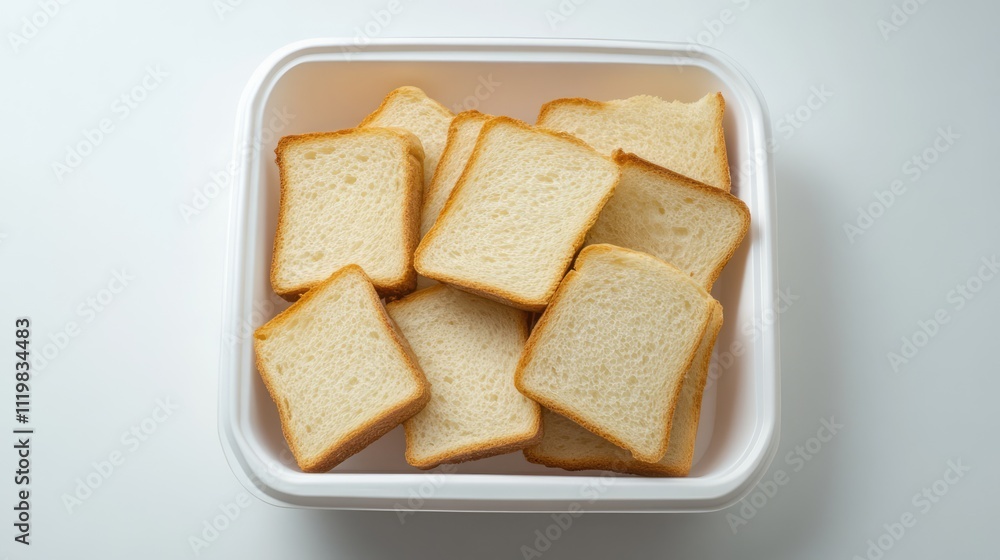 Poster slices of bread arranged neatly in a white container on a clean surface for a minimalist kitchen set