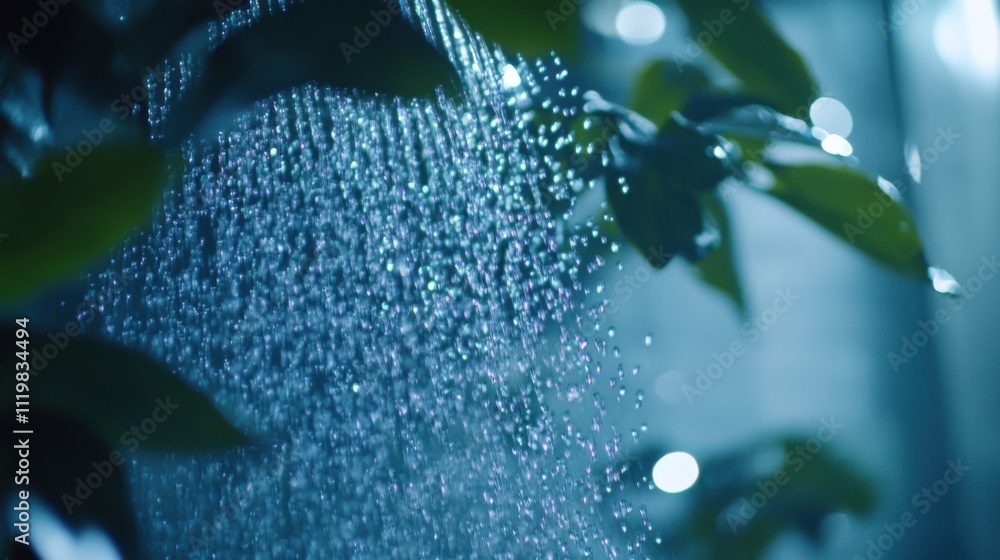 Poster close-up of raindrops glimmering on green leaves with soft bokeh background creating a serene and re