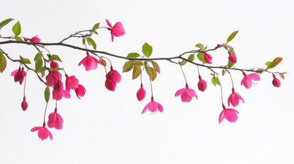 Naklejka premium Fuchsia floral branch with delicate blooms and green leaves against a minimalist white background for serene nature compositions