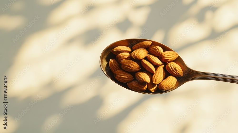 Poster almonds in a spoon with soft shadows on a neutral background showcasing healthy snacking and natural