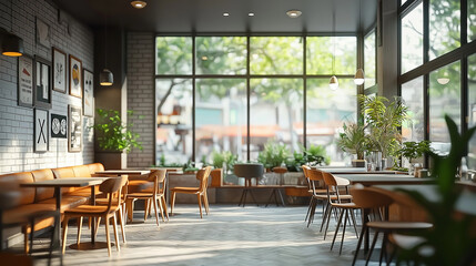 Obraz premium bright cafe with large windows, brown furniture, and plants. Tables and chairs are inside