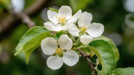 Obraz premium Delicate white apple blossoms in full bloom against a softly blurred green background during springtime season.