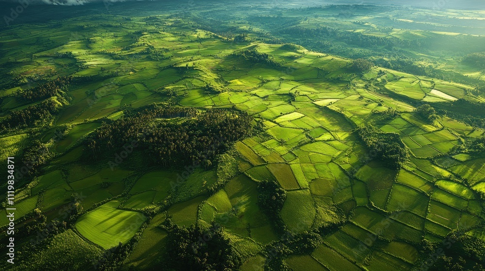 Poster aerial view of lush green fields and serene forests showcasing intricate patterns of nature and vibr