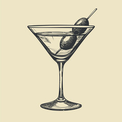 Martini Cocktail Hand Drawn. Summer Cocktail Drink Vector Illustration.