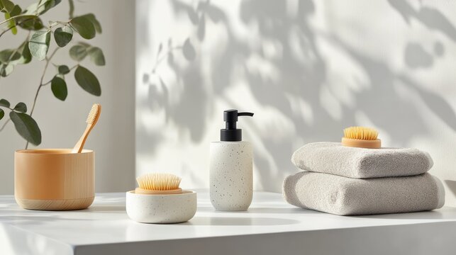 Home spa essentials with natural bath accessories and personal care products arranged on a white table in calming sunlight ambiance