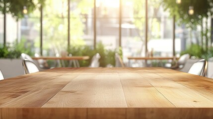 Modern cafe interior with wooden table and silver chairs surrounded by greenery and sunlight creating a warm inviting atmosphere