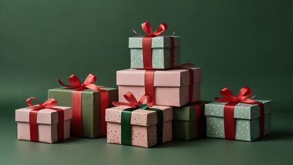 Obraz premium Stack of Christmas gift boxes in aesthetic pastel tones, set against a dark olive green background. 8k banner