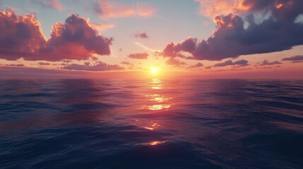 Obraz premium Tranquil sunset over calm ocean waters with vibrant clouds reflecting colorful hues in the sky creating a serene coastal atmosphere