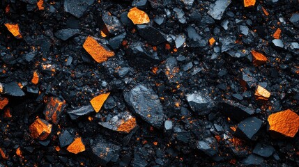 Abstract Background of Loose Gravel with Textured Patterns and Orange Highlights on Dark Ground Surface