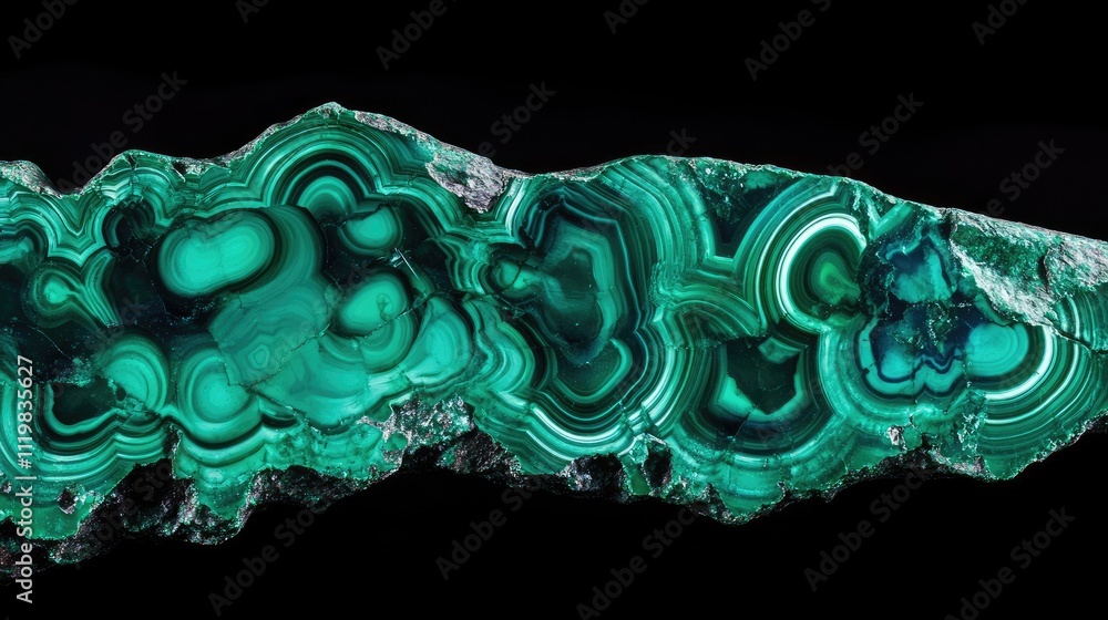 Poster polished green malachite mineral gemstone macro shot showcasing intricate textures and patterns isol