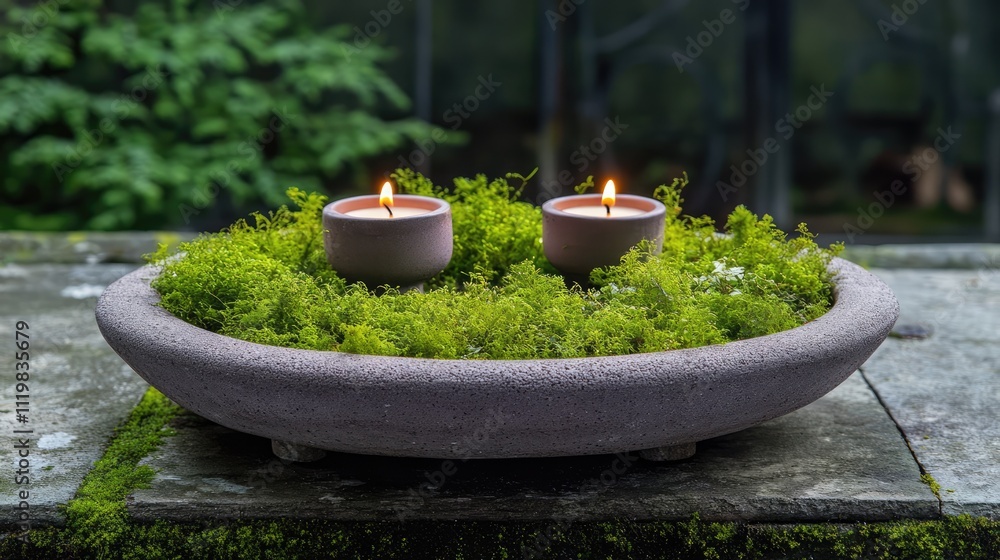 Aufkleber elegant moss arrangement with candles in a rustic pot set on a table surrounded by greenery in a ser