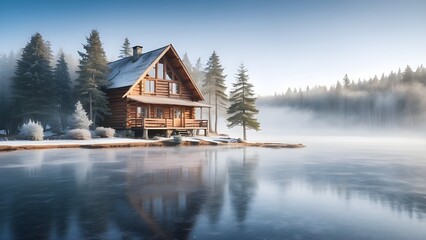 serene wooden cabin perched on the edge of a frozen lake, encircled by frosty pine trees under a tranquil winter morning mist. Perfect for seasonal designs, travel brochures, and winter-themed