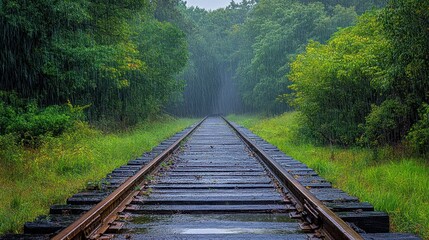 Fototapeta premium A serene view of rain-soaked railway tracks surrounded by lush greenery.