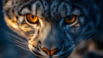 Obraz premium Wildlife portrait featuring extreme close-up of snow&nbsp;leopard with piercing amber eyes. Dramatic&nbsp;lighting highlights detailed fur texture and intense gaze in professional&nbsp;nature photography style.