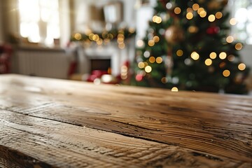Wooden countertop table surface for product shots, in focus on foreground, blurred soft focus Christmas tree and decorated room in the background. Christmas home interior, background. Great backdrop