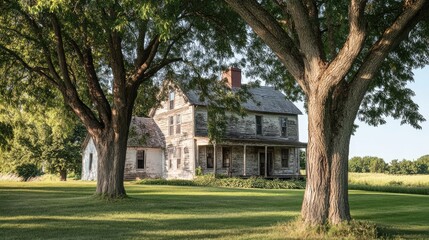 Rustic aged farmhouse surrounded by lush green trees in a serene rural landscape under clear skies