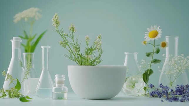 Herbal medicine research with mortar and botanical herbs surrounded by scientific glassware for natural skin care product development