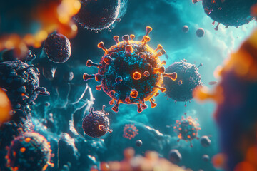 A colorful microscopic representation of influenza virus particles floating, with copy space.