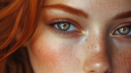 Fototapeta premium Elegant Closeup of a Young Woman with Freckles and Radiant Eyes Showcasing Flawless Makeup and Stylish Hair for Beauty Concept
