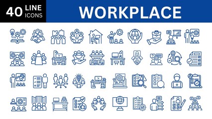 Workplace web icons in line style. Employee, conference, project, document, business, work, support, contact us, productivity strategy, collection. Vector illustration.