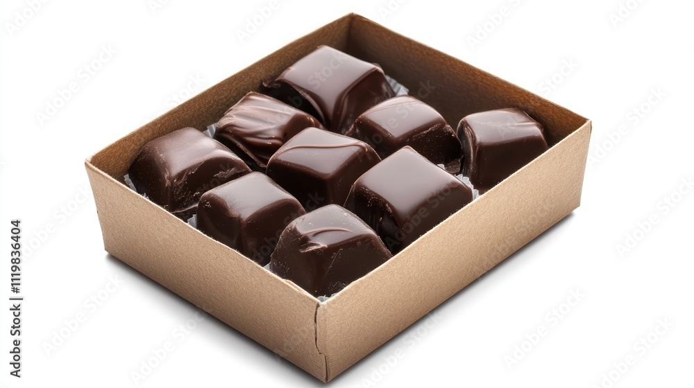Poster box of assorted chocolate candies in a simple cardboard container on a clean white background