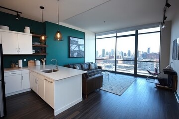Modern open concept apartment teal accent wall white kitchen cabinets dark hardwood floors