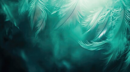 Luxurious turquoise and emerald green vintage texture background featuring delicate feathers for elegant design and artistic concepts.