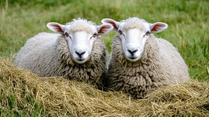 Obraz premium Adorable sheep grazing on hay in a lush green farm landscape showcasing rural life and animal companionship.
