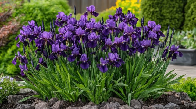 Vibrant purple iris flowers blooming in a lush garden setting with selective focus on the striking blossoms and greenery.