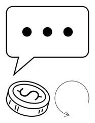 Speech bubble with ellipsis, coin with dollar sign, and circular arrow. Ideal for communication, finance, business discussions, customer support, transactions, financial planning and continuous