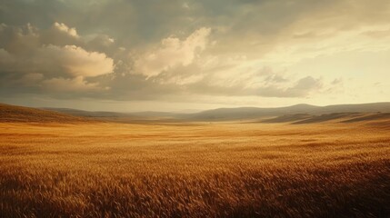 Obraz premium Golden wheat field under a dramatic cloudy sky showcasing the beauty of nature and the essence of agricultural landscapes.