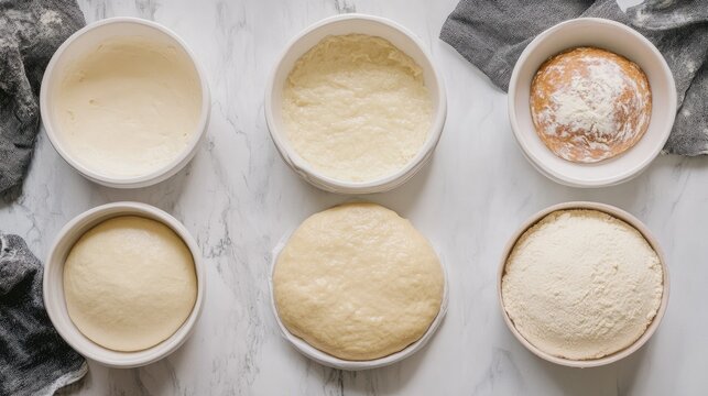 Stages of sourdough bread preparation showcasing dough fermentation and shaping process on a marble countertop