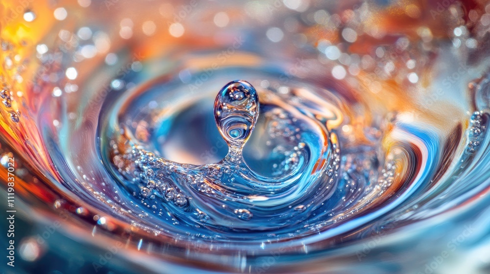 Aufkleber abstract close-up of blue water droplet splashing in a glass creating colorful ripples and bubbles e