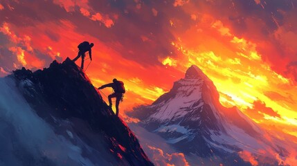 Two climbers ascend a steep, snow-capped mountain peak during a fiery sunset.