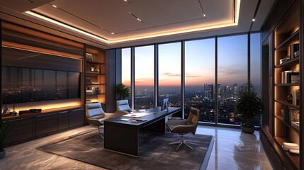 Modern luxury office with city view at sunset.
