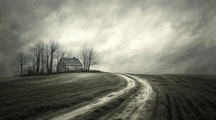 Farmhouse in agricultural field with tire tracks and bare trees under dramatic grey cloudy sky creating a moody rural landscape scene