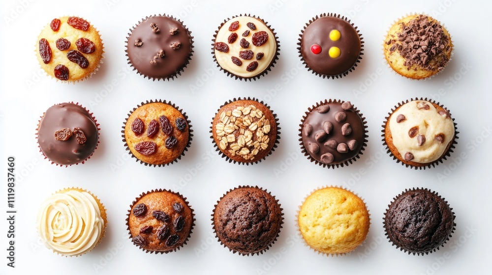 Poster assorted homemade cupcakes with chocolate and raisins arranged in a bird's eye view on a white backg