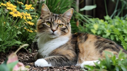 Fototapeta premium Charming domestic cat lounging among vibrant garden flowers on a sunny day