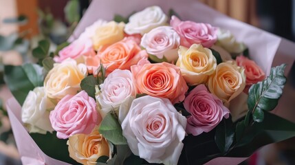 Colorful bouquet of fresh roses in full bloom arranged elegantly with green foliage. Perfect for floral inspiration and celebration themes.