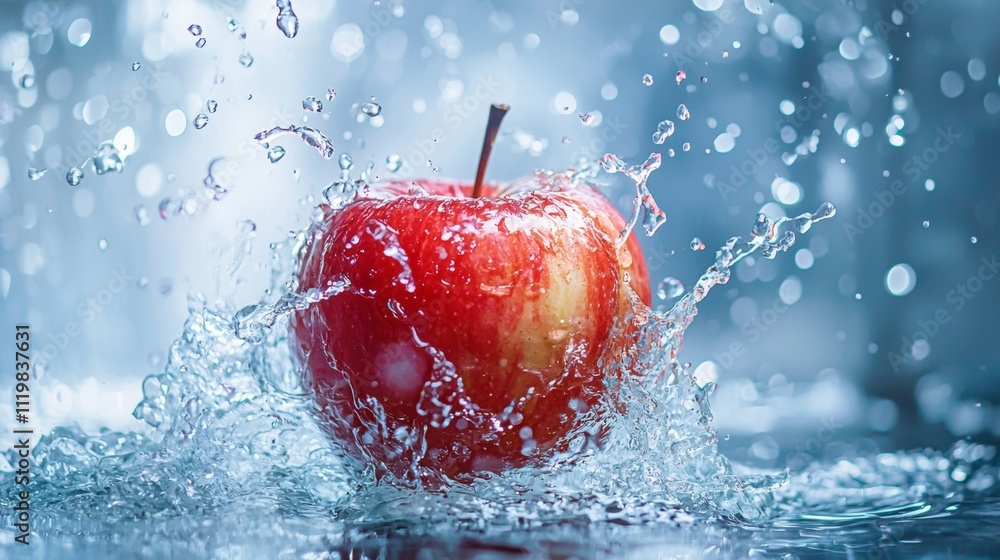 Poster red apple splashing in water with dynamic droplets