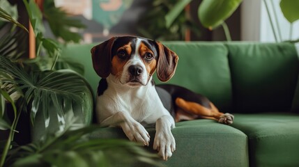Cozy loft interior featuring a beautiful dog relaxing on a green sofa surrounded by stylish decor plants and soft furnishings