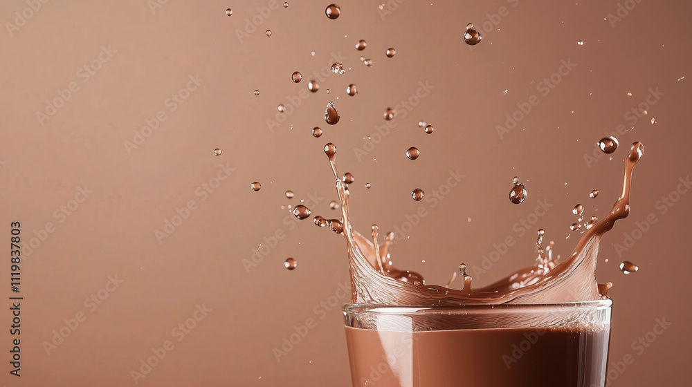 Poster water droplets create splashes from a glass in a studio setting during soft lighting