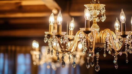 Elegant chandeliers with crystal accents illuminating a stylish hotel restaurant or home interior for a luxurious ambiance