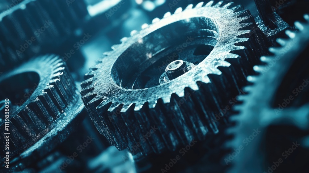 Poster industrial gears background showcasing aged machinery with shallow depth of field highlighting intri