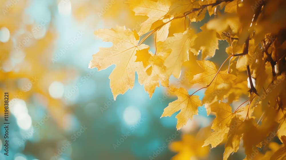 Poster autumn yellow maple leaves in soft light creating a warm nature background with copy space for text 