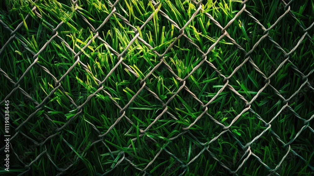 Poster artificial grass texture woven through a chain link fence creating a vibrant green background for de